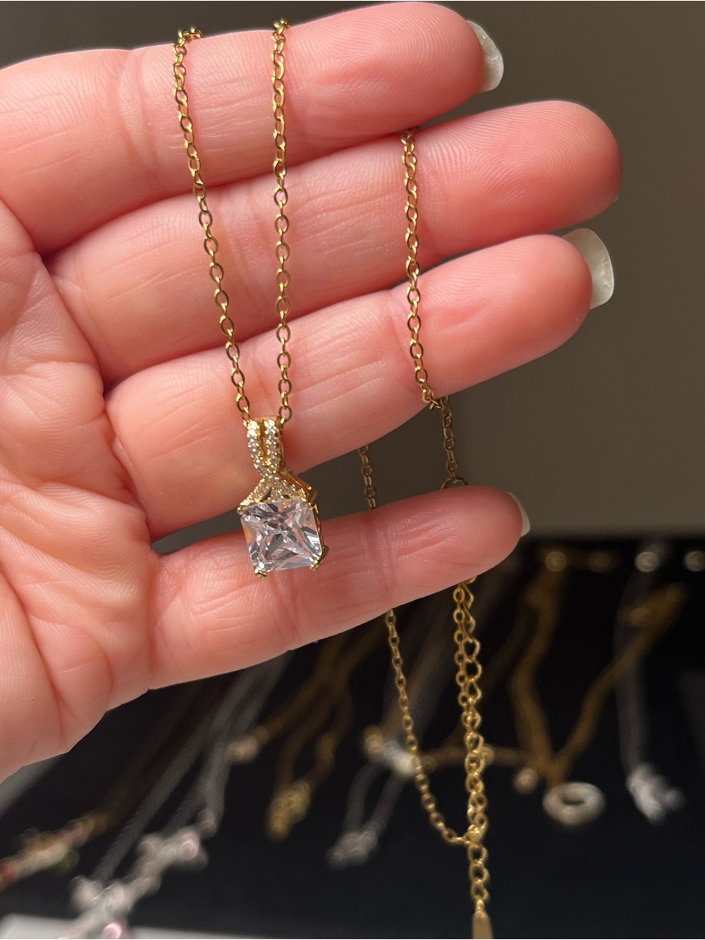 Gold Tone Stainless steel CZ Square Pendant Necklace